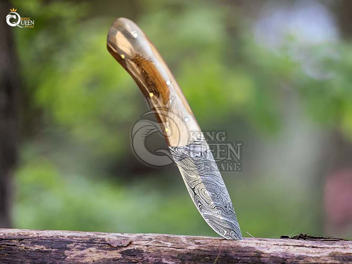 Damascus Blade Camping knife with Leather Sheath | Handmade Hunting Knife with Ram Horn Handle