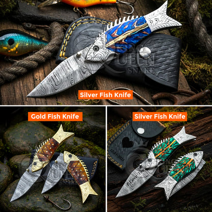 Personalized Damascus Folding Knife for Fishing, Handmade Pocket Knife, Christmas Gift, Thanksgiving Gift, Gift for Him, Birthday Gift