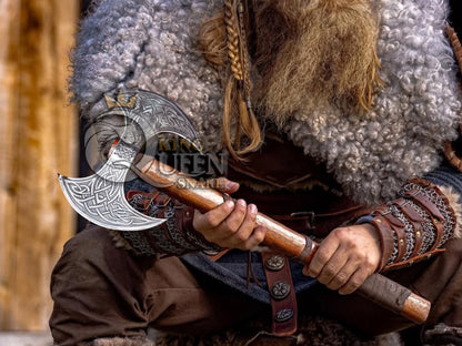 Handmade double Head Viking Axe | Norse Axe with Viking Runes and Symbols | Personlaized Viking Gift