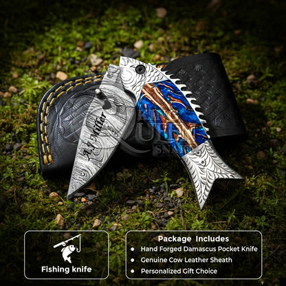 Personalized Damascus Folding Knife for Fishing, Handmade Pocket Knife, Christmas Gift, Thanksgiving Gift, Gift for Him, Birthday Gift