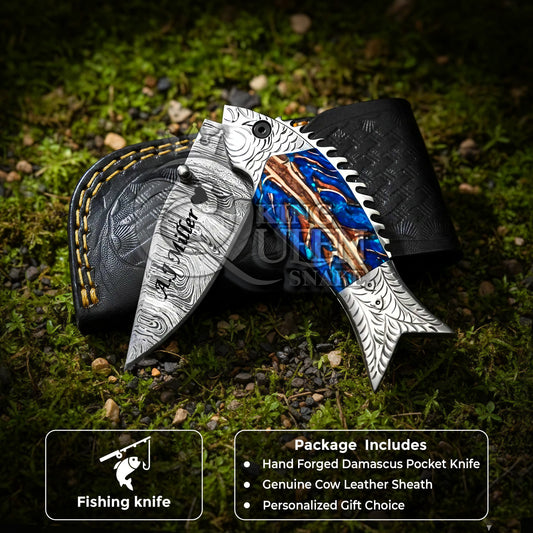 Personalized Damascus Folding Knife for Fishing, Handmade Pocket Knife, Christmas Gift, Thanksgiving Gift, Gift for Him, Birthday Gift