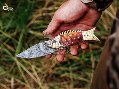 Handmade Damascus Steel Pocket Knife | Fishing Folding Knife | Personalized Gift