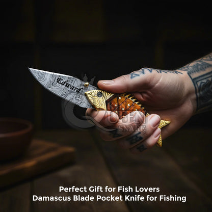 Handmade Damascus Steel Pocket Knife | Fishing Folding Knife | Personalized Gift