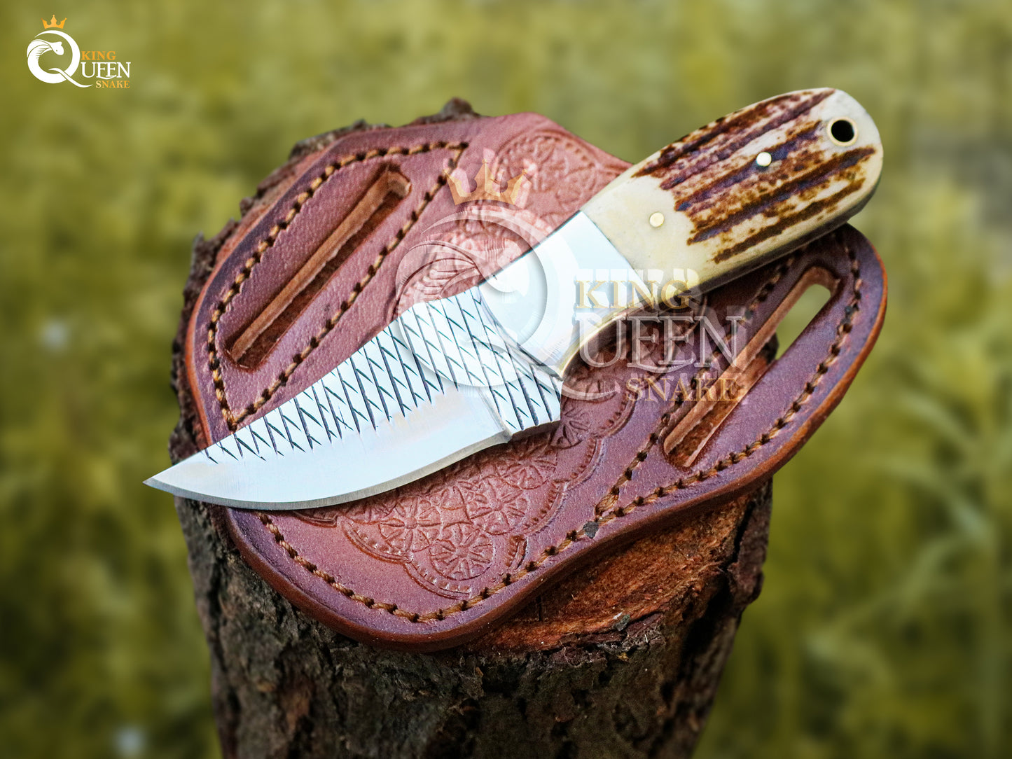 Rasp Steel Cowboy Bull Cutter Knife | Stag Handle Damascus Bull Cutter |Hunting Knife kqs201