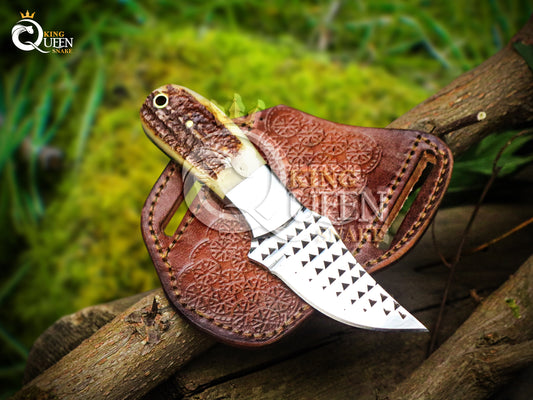 Rasp Steel Cowboy Bull Cutter Knife | Stag Handle Damascus Bull Cutter |Hunting Knife kqs201