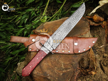 Damascus Steel Blade Hunting Bowie Knife with Leather Sheath | Red Wood Handle with Damascus Bolster | Viking Bowie