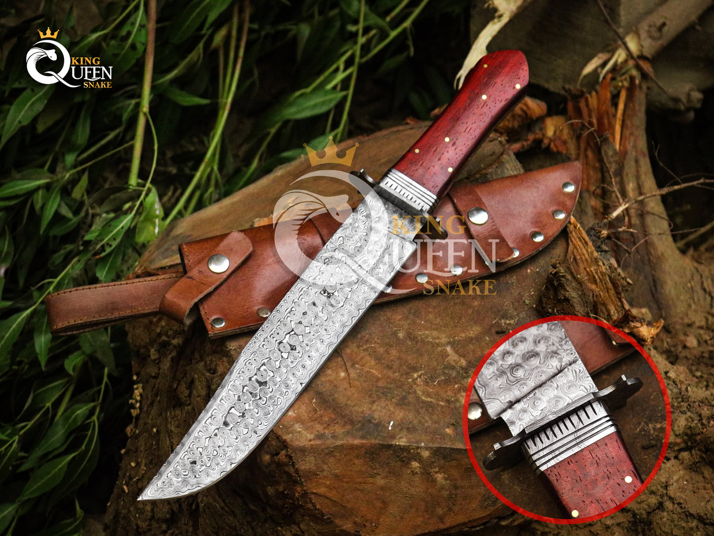 Damascus Steel Blade Hunting Bowie Knife with Leather Sheath | Red Wood Handle with Damascus Bolster | Viking Bowie