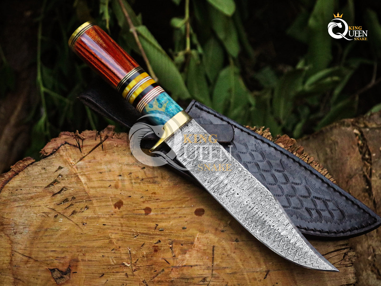 Handmade Damascus Steel Blade Hunting Knife with Bone Spacers Handle and Leather Sheath | Vikng Bowie Knife