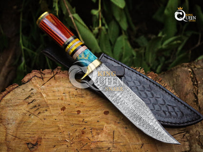 Handmade Damascus Steel Blade Hunting Knife with Bone Spacers Handle and Leather Sheath | Vikng Bowie Knife