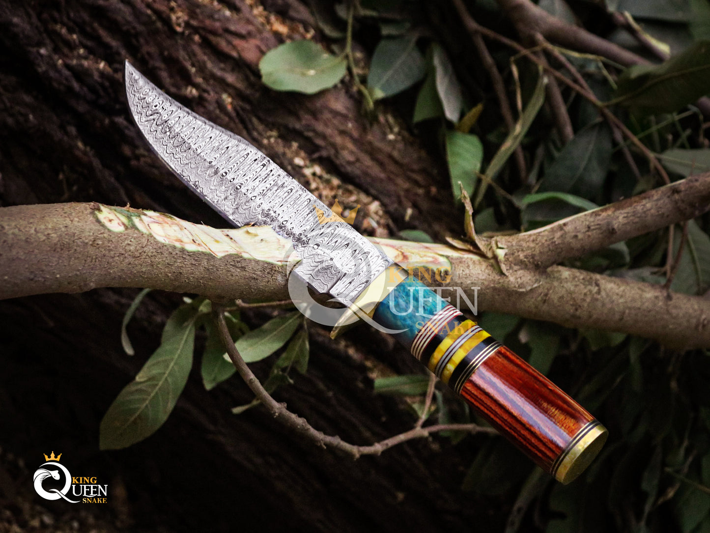 Handmade Damascus Steel Blade Hunting Knife with Bone Spacers Handle and Leather Sheath | Vikng Bowie Knife