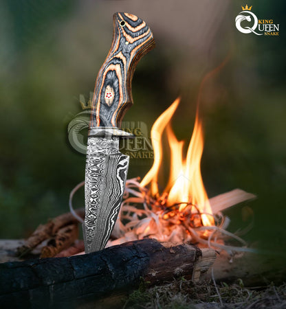 Handmade Damascus Hunting Knife with Leather Sheath | Damascus Bowie Knife for Camping