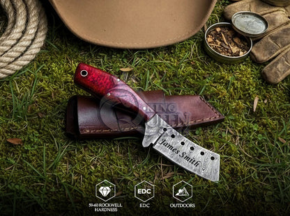 Hand Forged Damascus Cowboy Bull Cutter with  Red Micarta Handle | Personalized Gift for Him