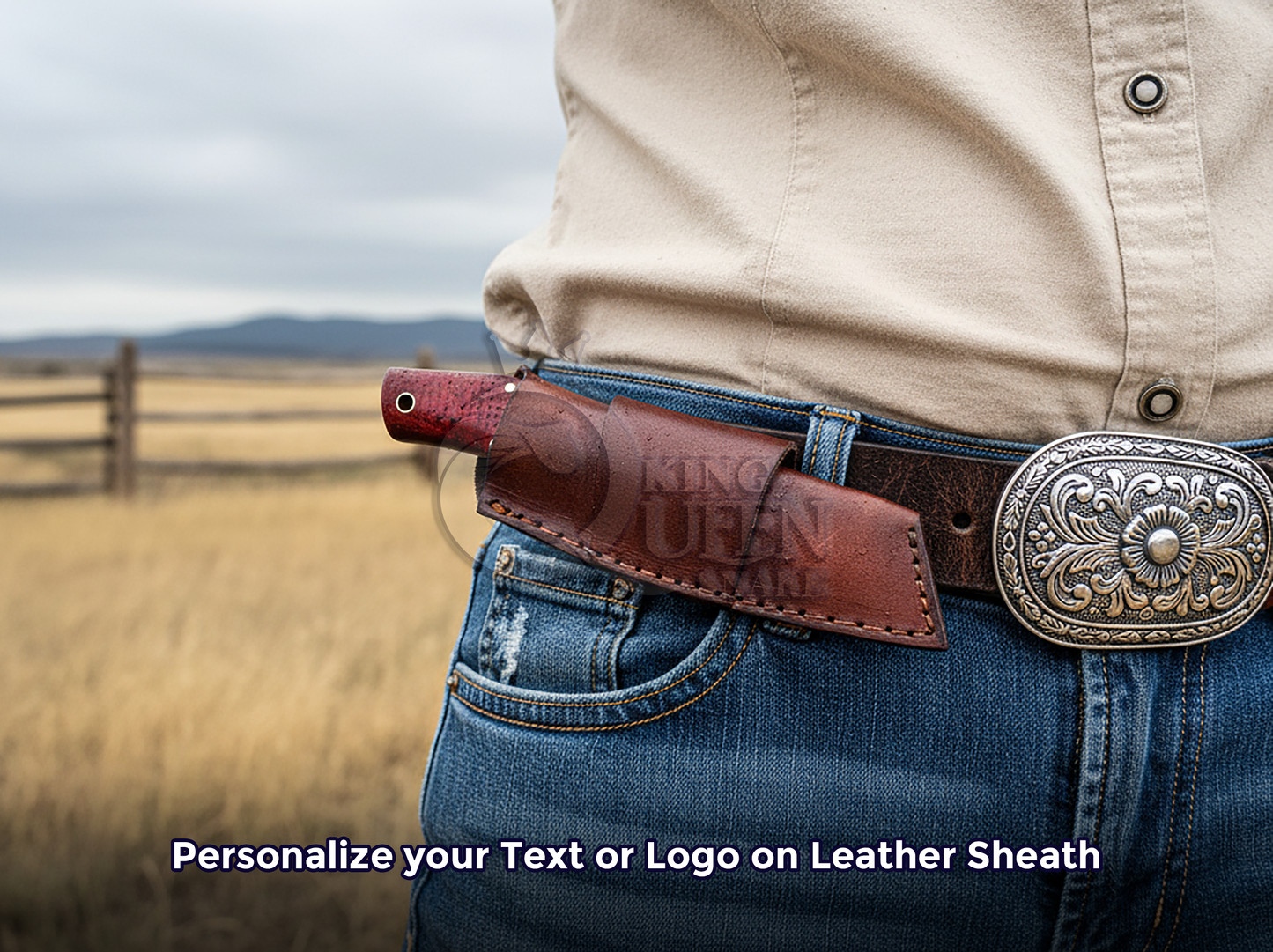 Hand Forged Damascus Cowboy Bull Cutter with  Red Micarta Handle | Personalized Gift for Him