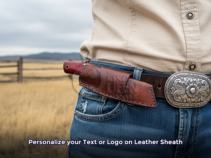 Hand Forged Damascus Cowboy Bull Cutter with  Red Micarta Handle | Personalized Gift for Him