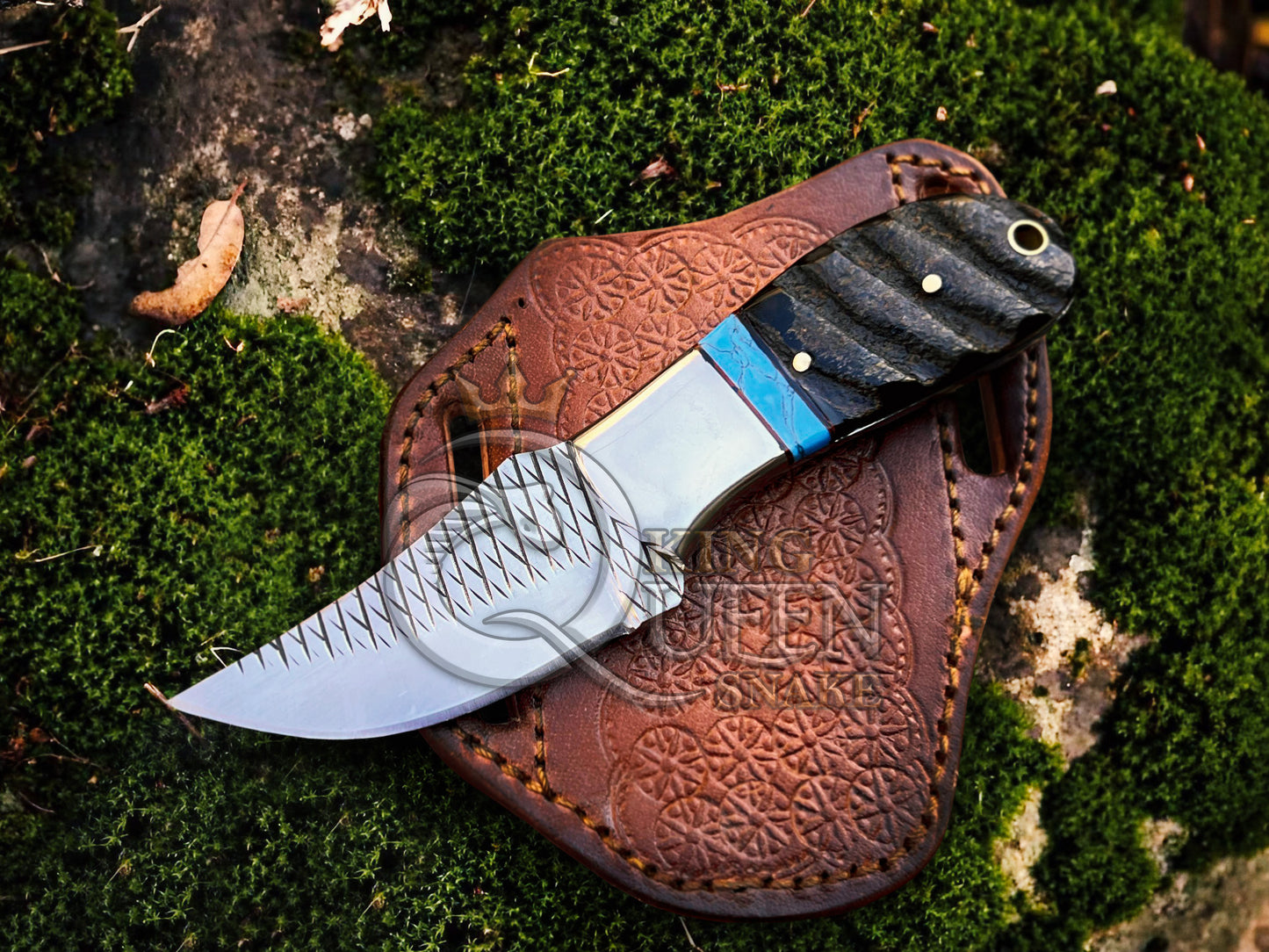 Rasp Steel Cowboy Bull Cutter Knife | Turquoise and Ram Handle Bull Cutter with Leather sheath kqs210