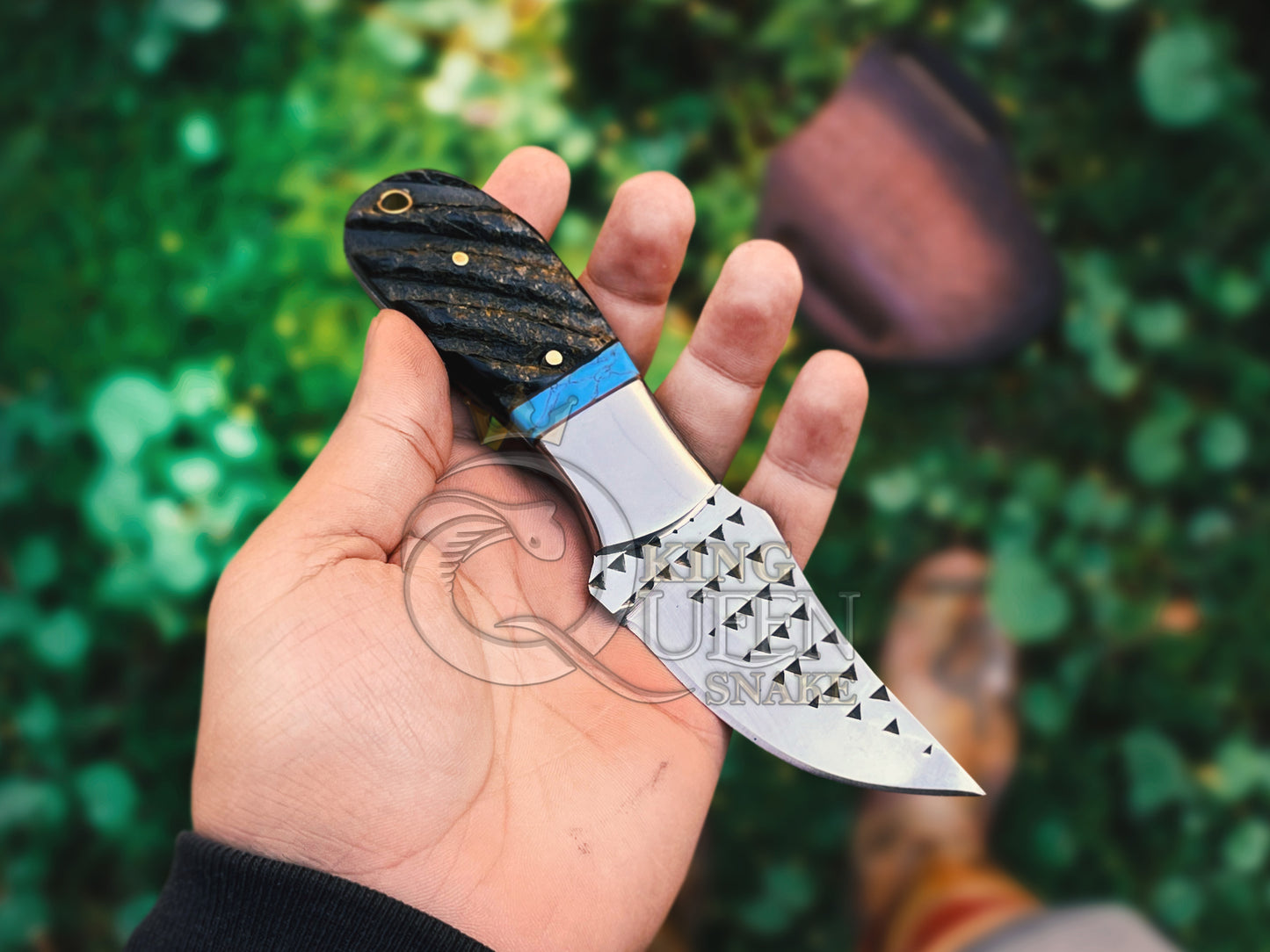Rasp Steel Cowboy Bull Cutter Knife | Turquoise and Ram Handle Bull Cutter with Leather sheath kqs210