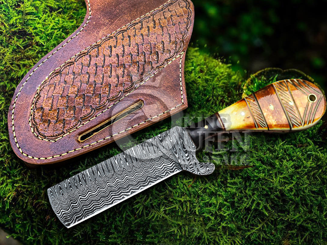 Handmade Damascus Cowboy Bull Cutter  with Viking Bone Handle | Viking Gift for Him