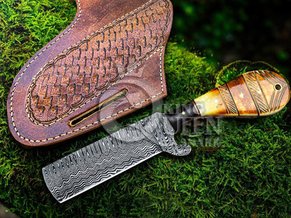 Handmade Damascus Cowboy Bull Cutter  with Viking Bone Handle | Viking Gift for Him