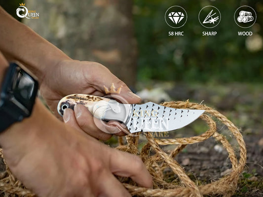 Rasp Steel Cowboy Bull Cutter Knife | Stag Handle Damascus Bull Cutter |Hunting Knife kqs201