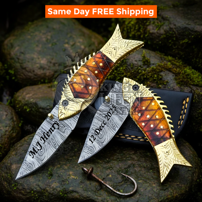 Handmade Damascus Steel Pocket Knife | Fishing Folding Knife | Personalized Gift
