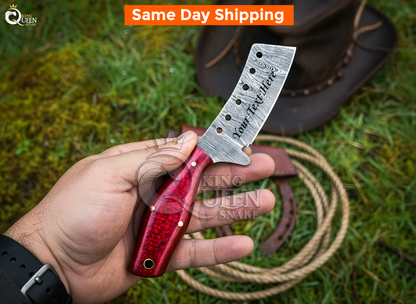 Hand Forged Damascus Cowboy Bull Cutter with  Red Micarta Handle | Personalized Gift for Him