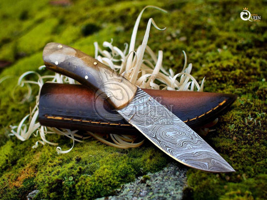 Damascus Blade Camping knife with Leather Sheath | Handmade Hunting Knife with Ram Horn Handle