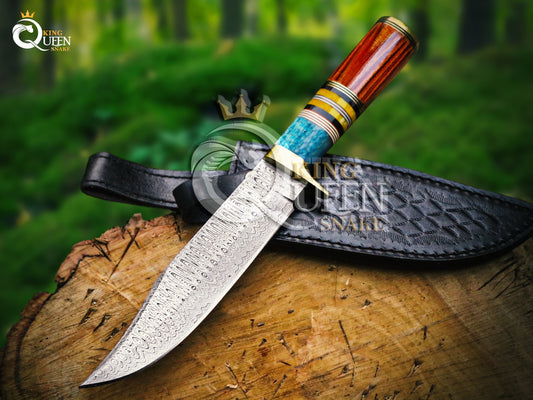 Handmade Damascus Steel Blade Hunting Knife with Bone Spacers Handle and Leather Sheath | Vikng Bowie Knife