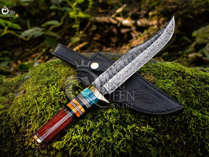 Handmade Damascus Steel Blade Hunting Knife with Bone Spacers Handle and Leather Sheath | Vikng Bowie Knife