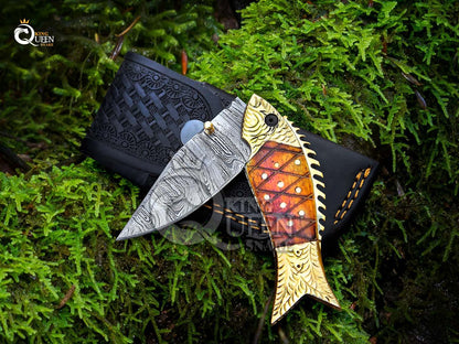 Handmade Damascus Steel Pocket Knife | Fishing Folding Knife | Personalized Gift