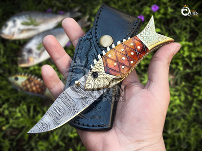 Handmade Damascus Steel Pocket Knife | Fishing Folding Knife | Personalized Gift