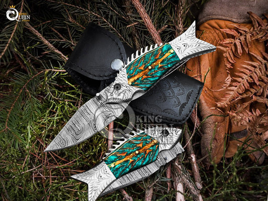 Personalized Damascus Steel Folding Knife | Fishing Pocket Knife | Perfect Gift for Him  Kqs69