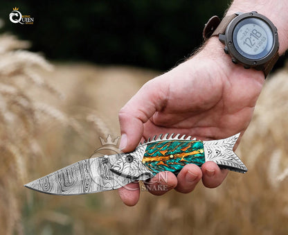 Personalized Damascus Steel Folding Knife | Fishing Pocket Knife | Perfect Gift for Him  Kqs69