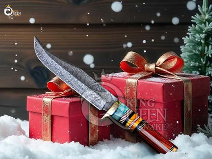 Handmade Damascus Steel Blade Hunting Knife with Bone Spacers Handle and Leather Sheath | Vikng Bowie Knife