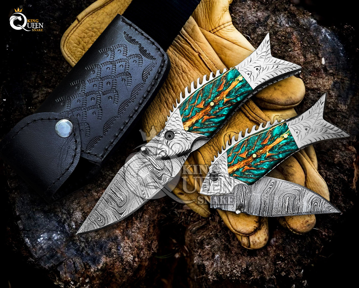 Personalized Damascus Steel Folding Knife | Fishing Pocket Knife | Perfect Gift for Him  Kqs69