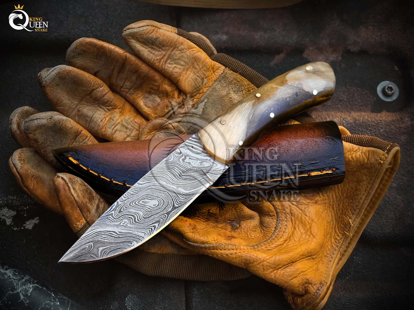 Damascus Blade Camping knife with Leather Sheath | Handmade Hunting Knife with Ram Horn Handle