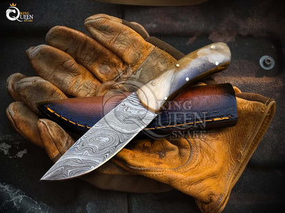 Damascus Blade Camping knife with Leather Sheath | Handmade Hunting Knife with Ram Horn Handle