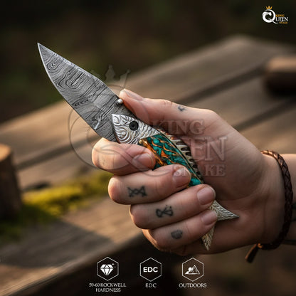 Personalized Damascus Steel Folding Knife | Fishing Pocket Knife | Perfect Gift for Him  Kqs69