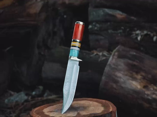 Handmade Damascus Steel Blade Hunting Knife with Bone Spacers Handle and Leather Sheath | Vikng Bowie Knife