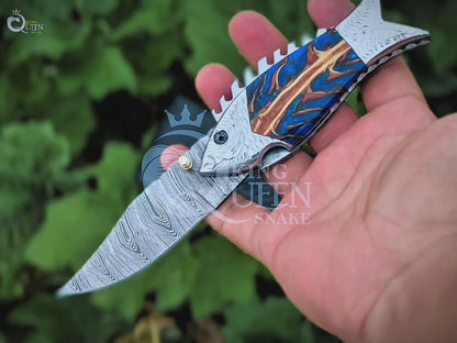 Personalized Damascus Folding Knife for Fishing, Handmade Pocket Knife, Christmas Gift, Thanksgiving Gift, Gift for Him, Birthday Gift