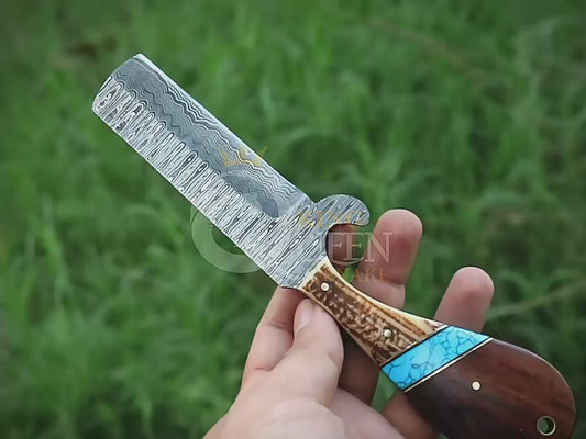 Handmade Damascus Cowboy Bull Cutter  with Viking Bone Handle | Viking Gift for Him