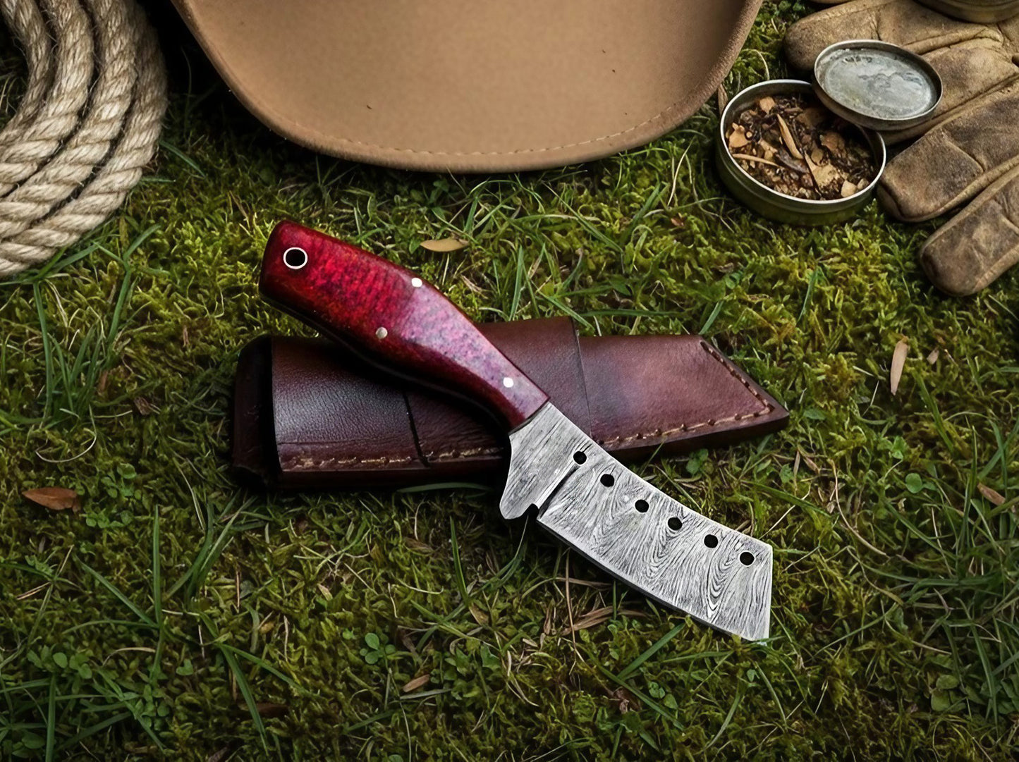 Hand Forged Damascus Cowboy Bull Cutter with  Red Micarta Handle | Personalized Gift for Him