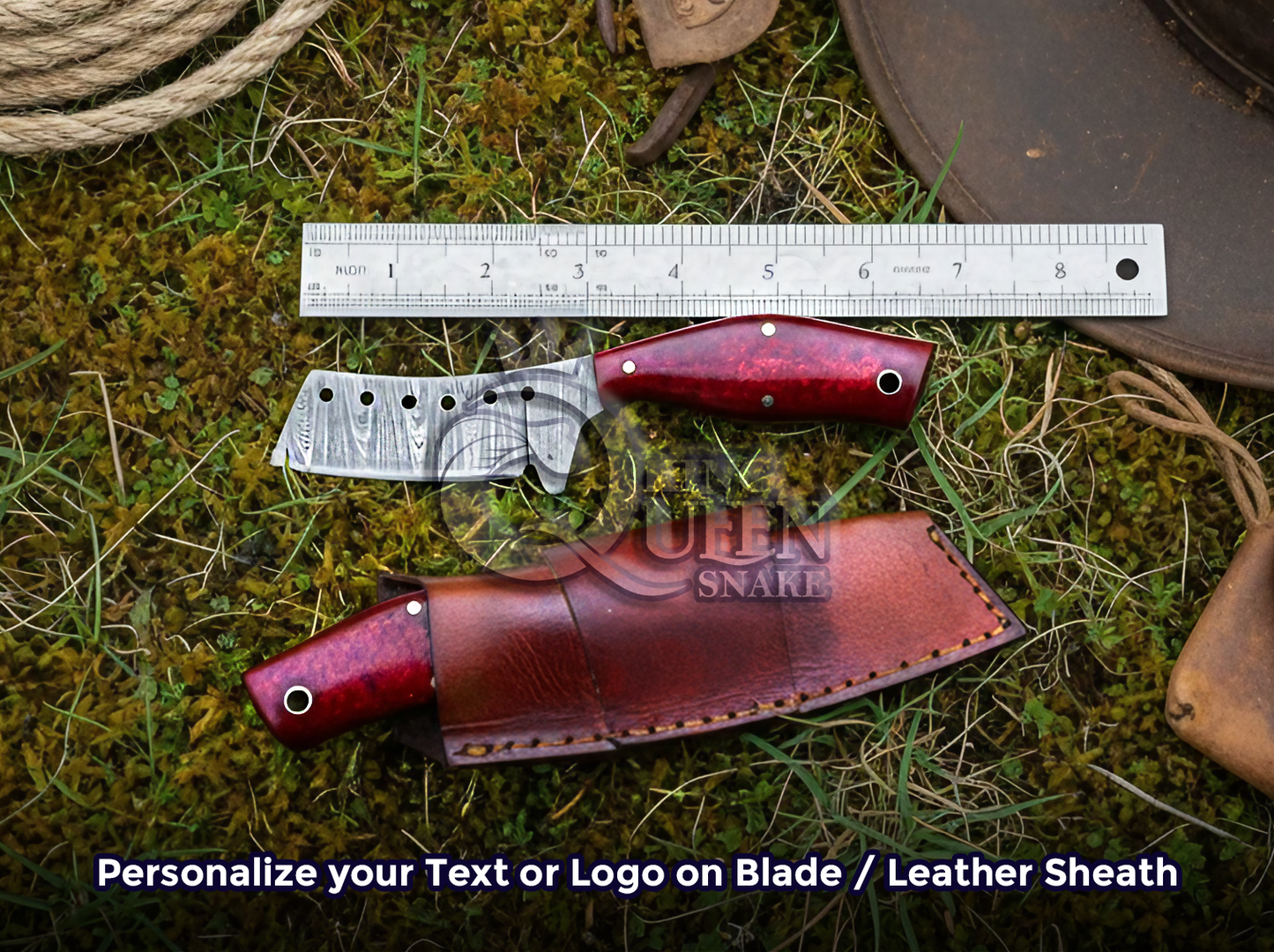 Hand Forged Damascus Cowboy Bull Cutter with  Red Micarta Handle | Personalized Gift for Him