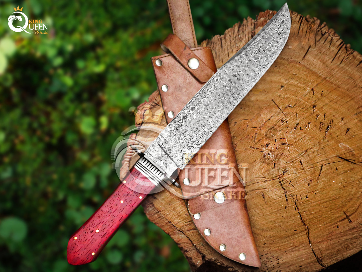 Damascus Steel Blade Hunting Bowie Knife with Leather Sheath | Red Wood Handle with Damascus Bolster | Viking Bowie