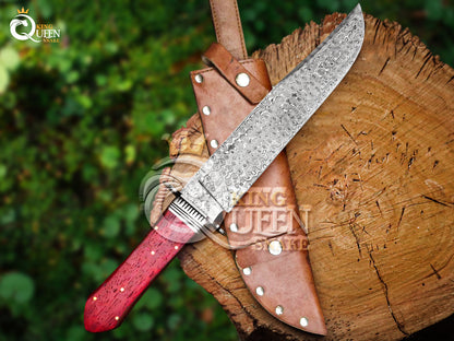 Damascus Steel Blade Hunting Bowie Knife with Leather Sheath | Red Wood Handle with Damascus Bolster | Viking Bowie