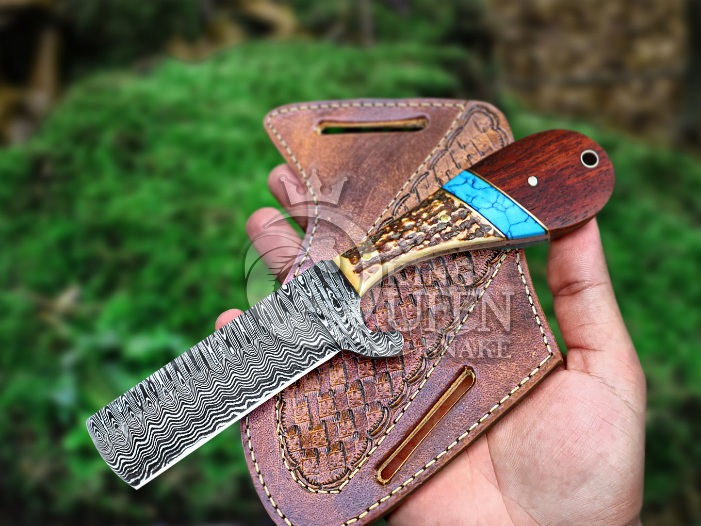 Handmade Damascus Cowboy Bull Cutter Knife with Stag and Turquoise Handle | Hunting and Camping Knife