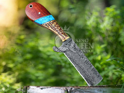 Handmade Damascus Cowboy Bull Cutter Knife with Stag and Turquoise Handle | Hunting and Camping Knife