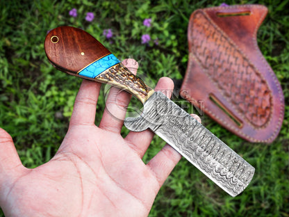 Handmade Damascus Cowboy Bull Cutter Knife with Stag and Turquoise Handle | Hunting and Camping Knife