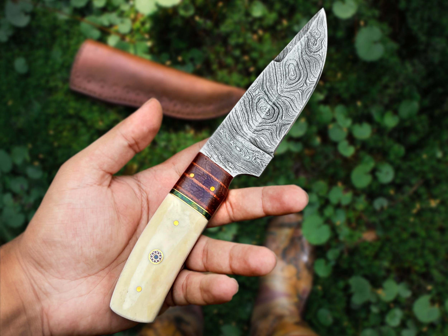 Damascus Steel Blade with Bone Handle for Hunting | Handmade Red Indian Knife