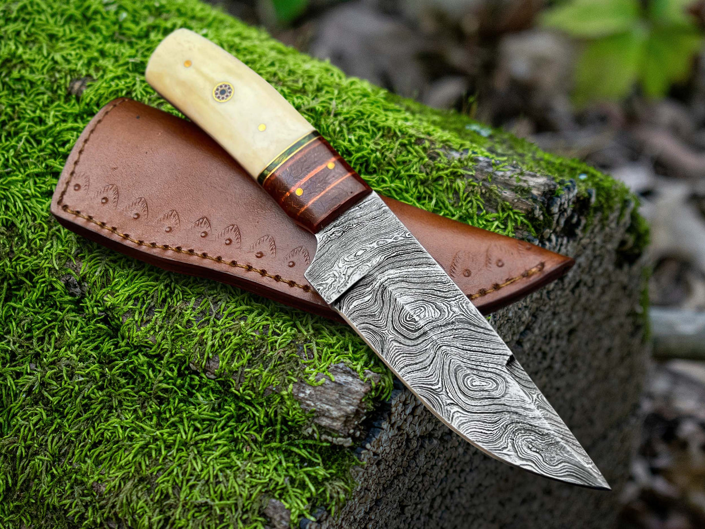 Damascus Steel Blade with Bone Handle for Hunting | Handmade Red Indian Knife