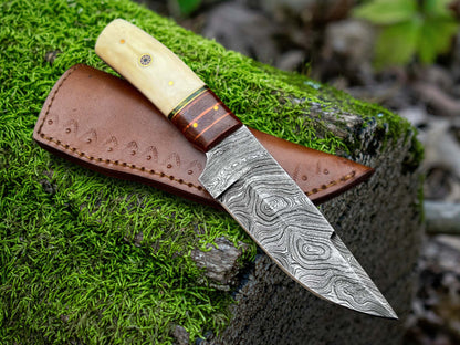 Damascus Steel Blade with Bone Handle for Hunting | Handmade Red Indian Knife